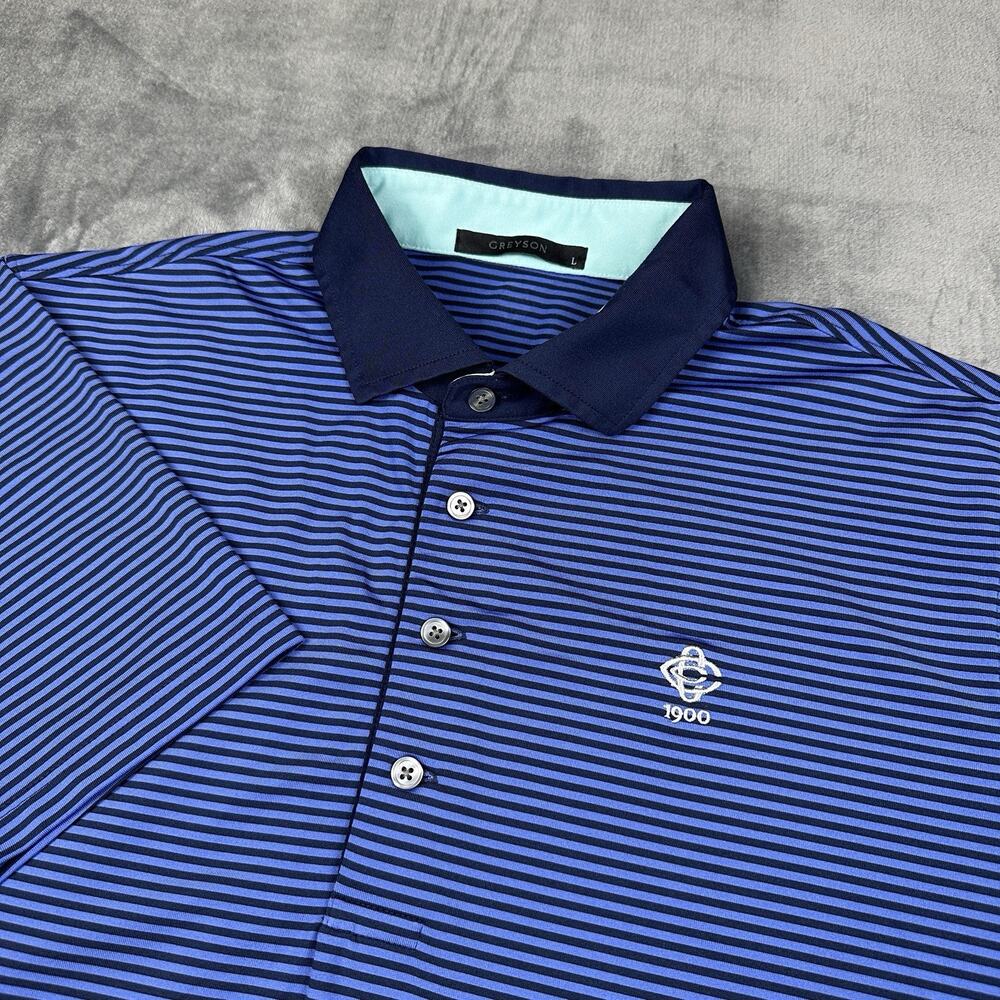 Greyson Golf Polo Mens Large Blue Striped Country Club of Charleston Stretch